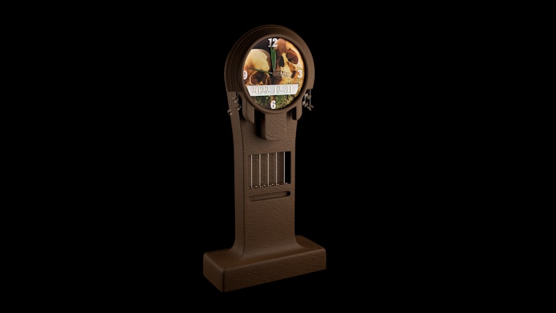 A vintage-style clock with a wooden texture is displayed against a dark background. The clock face features an artistic image with a blend of natural elements. It showcases a digital date and time display at the center, enclosed in an ornate wooden frame.