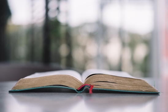An open book lies flat on a reflective surface with a red bookmark hanging down from the center. The background is blurred, suggesting an out-of-focus outdoor view.