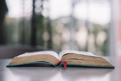 An open book lies flat on a reflective surface with a red bookmark hanging down from the center. The background is blurred, suggesting an out-of-focus outdoor view.