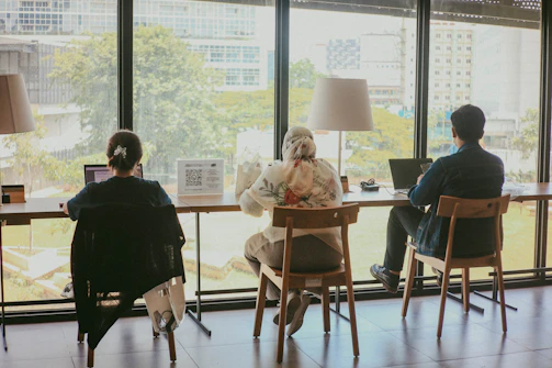 a couple of people sitting at a table in front of a window
