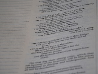 A close-up of a page from a book with text in a column layout. The text appears to be religious or biblical with references to 'the Lord Almighty' and 'God of Israel'. Dotted lines run alongside the text.