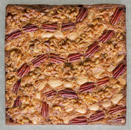 A square dessert with a textured surface covered in an assortment of nuts, including pecans and almonds. The nuts are embedded in a brown, baked surface that appears glazed and slightly caramelized.