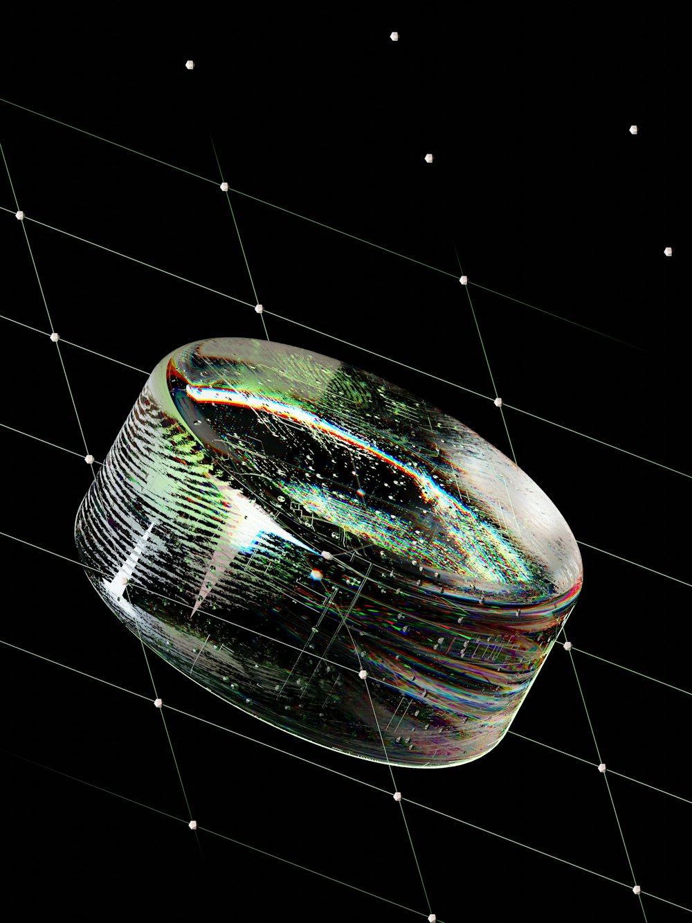 a close up of a glass object on a black background