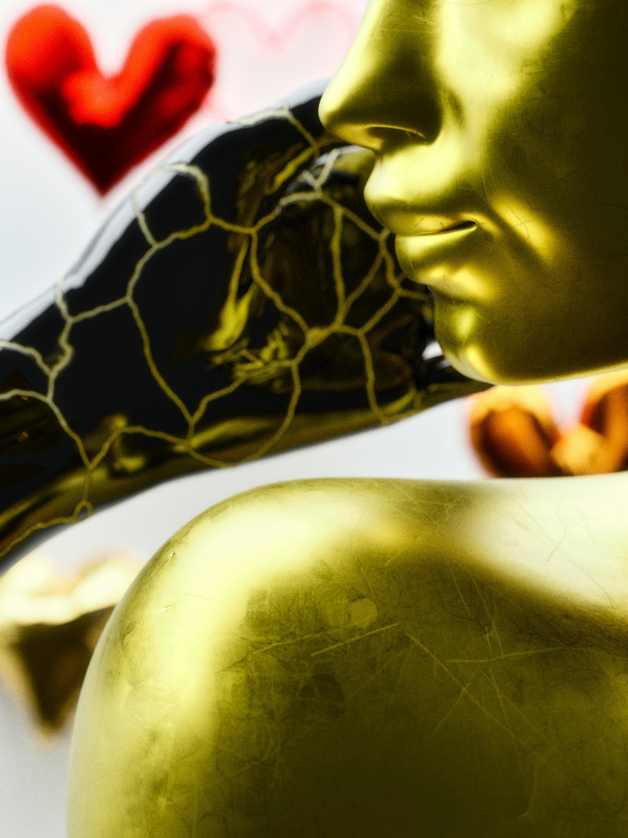 a close up of a statue with a heart in the background