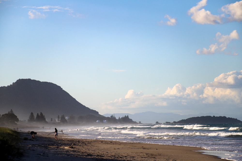 a couple of people walking along a beach next to the ocean