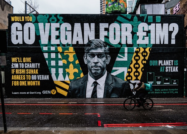A large street mural features a grayscale portrait of a man in a suit. Beside the portrait are bold letters with a message about going vegan for a charity incentive of £1 million. The artwork includes vibrant patterns in green, yellow, and teal, along with graphs and text. A cyclist on a black bicycle is riding past on a wet road.