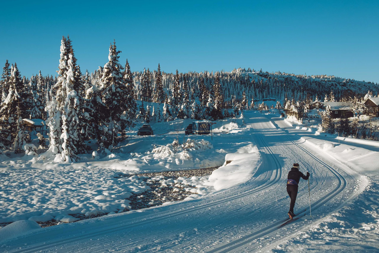 Skiløper i preparert løype gjennom snødekket skog