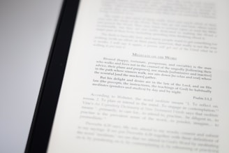 A close-up image of a book page with text focusing on meditation and scriptural interpretation. The text is primarily in black font, with some headings in a larger or bold type. The page is well-lit, capturing the details of the printed words.