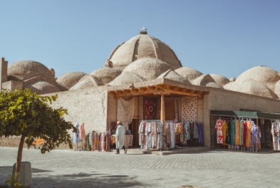A traditional marketplace with colorful clothing displayed on racks outside a brick building. The background features several domed structures, commonly found in Middle Eastern architecture. A person is casually walking by, browsing the garments under a bright, clear sky. A small tree with green leaves is in the foreground, adding a touch of nature to the scene.