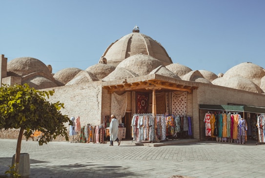 A traditional marketplace with colorful clothing displayed on racks outside a brick building. The background features several domed structures, commonly found in Middle Eastern architecture. A person is casually walking by, browsing the garments under a bright, clear sky. A small tree with green leaves is in the foreground, adding a touch of nature to the scene.