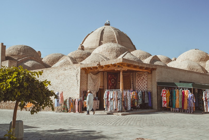 A traditional marketplace with colorful clothing displayed on racks outside a brick building. The background features several domed structures, commonly found in Middle Eastern architecture. A person is casually walking by, browsing the garments under a bright, clear sky. A small tree with green leaves is in the foreground, adding a touch of nature to the scene.