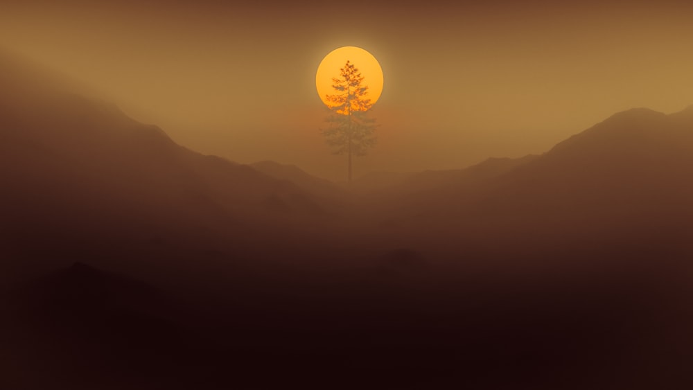 the sun is setting over the mountains with a tree in the foreground