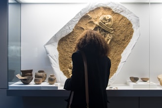 A person with curly hair is observing an exhibition display containing ancient artifacts and a human skeleton partially covered with earth. The exhibit is well-lit and showcases an archaeological dig site along with several pottery items.