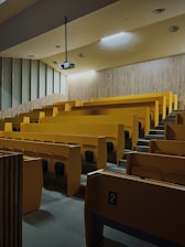 A large, empty lecture hall with multiple rows of yellow seats and desks. A projector is mounted on the ceiling, and the walls are lined with vertical wooden slats and some sound-absorbing panels. The lighting is subdued, providing a relatively dim atmosphere.