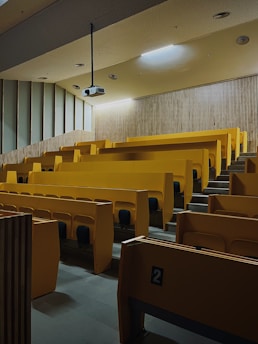 A large, empty lecture hall with multiple rows of yellow seats and desks. A projector is mounted on the ceiling, and the walls are lined with vertical wooden slats and some sound-absorbing panels. The lighting is subdued, providing a relatively dim atmosphere.