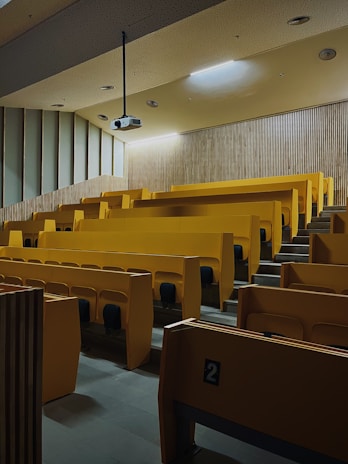 A large, empty lecture hall with multiple rows of yellow seats and desks. A projector is mounted on the ceiling, and the walls are lined with vertical wooden slats and some sound-absorbing panels. The lighting is subdued, providing a relatively dim atmosphere.