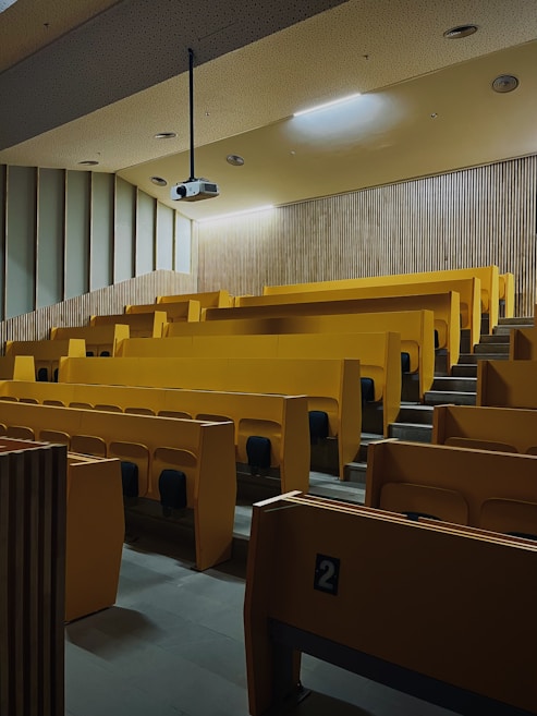 A large, empty lecture hall with multiple rows of yellow seats and desks. A projector is mounted on the ceiling, and the walls are lined with vertical wooden slats and some sound-absorbing panels. The lighting is subdued, providing a relatively dim atmosphere.