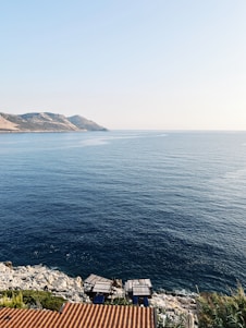 A serene coastal scene with a consultant discussing sustainability plans with a client by the water.