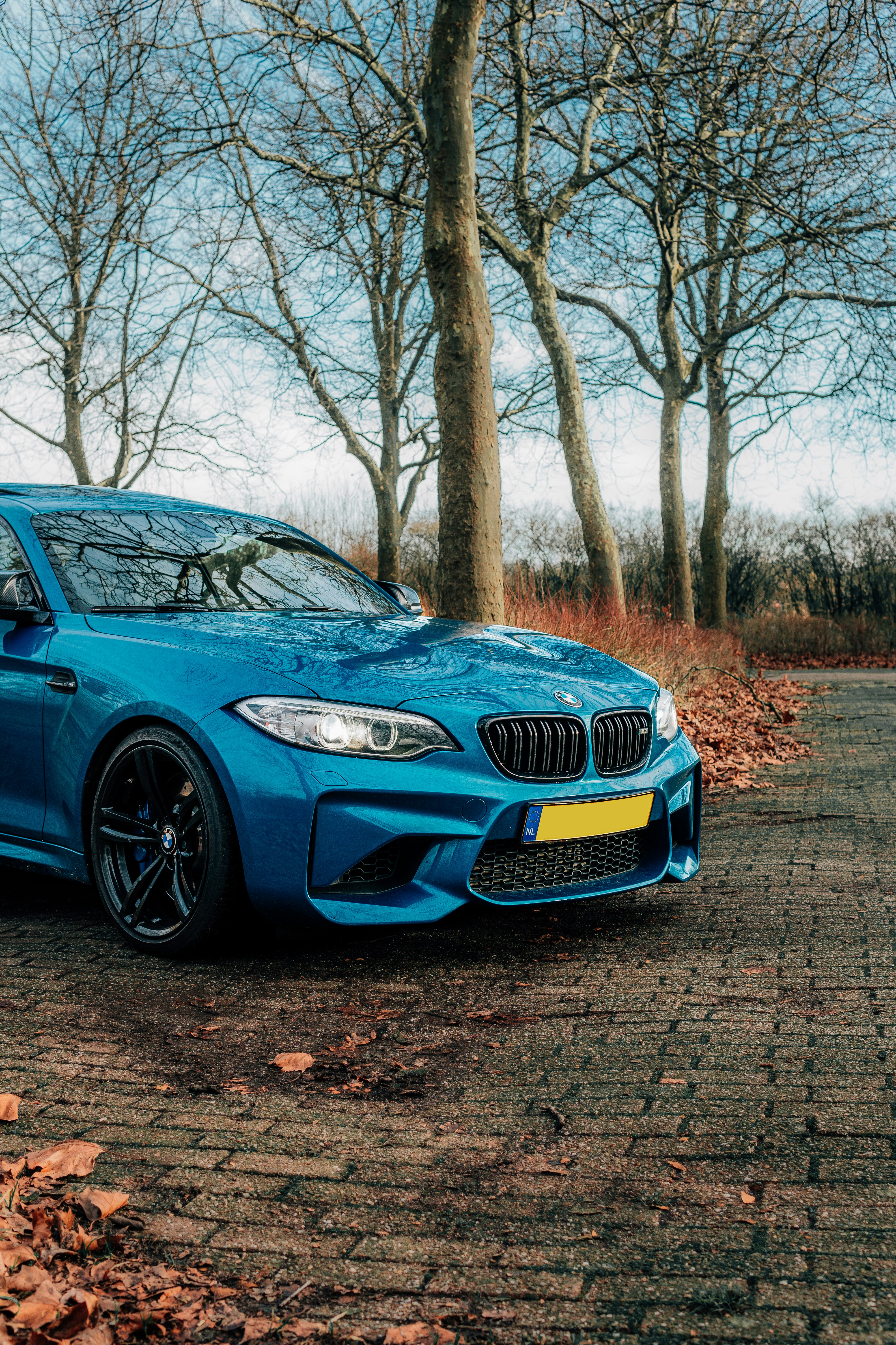 a blue sports car parked in front of some trees