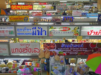 A bustling indoor market scene with multiple shop signs displayed prominently, written in various languages including Thai and Chinese. There are stalls selling a variety of goods, including food and groceries. The image is colorful with items neatly arranged on shelves and hanging from hooks.
