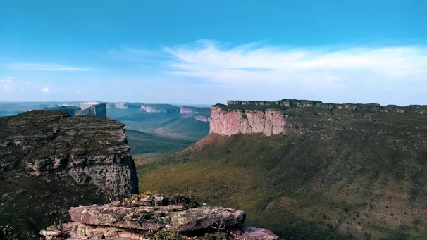 Wide view of the rugged cliffs and desert landscape surrounding Bozjyra in the Mangystau region.