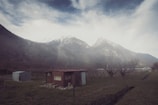 A cozy ham radio station nestled in a rustic Montana cabin with mountains visible through the window