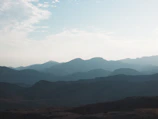 Soft focus image of a serene mountain landscape under a clear blue sky.