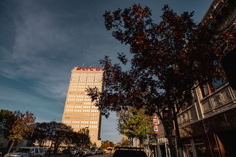 A tall building with the word 'ALICO' in red letters stands prominently against a clear sky. The building is surrounded by smaller structures and trees with autumn foliage. The scene is urban with vehicles parked along the street, creating a sense of a bustling city environment.