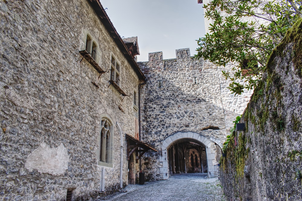 a stone building with a stone walkway between it