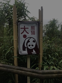 A wooden sign featuring a stylized image of a panda with Asian characters, surrounded by dense bamboo foliage. The sign is mounted on a light brown wooden frame and the background is lush with green bamboo leaves.
