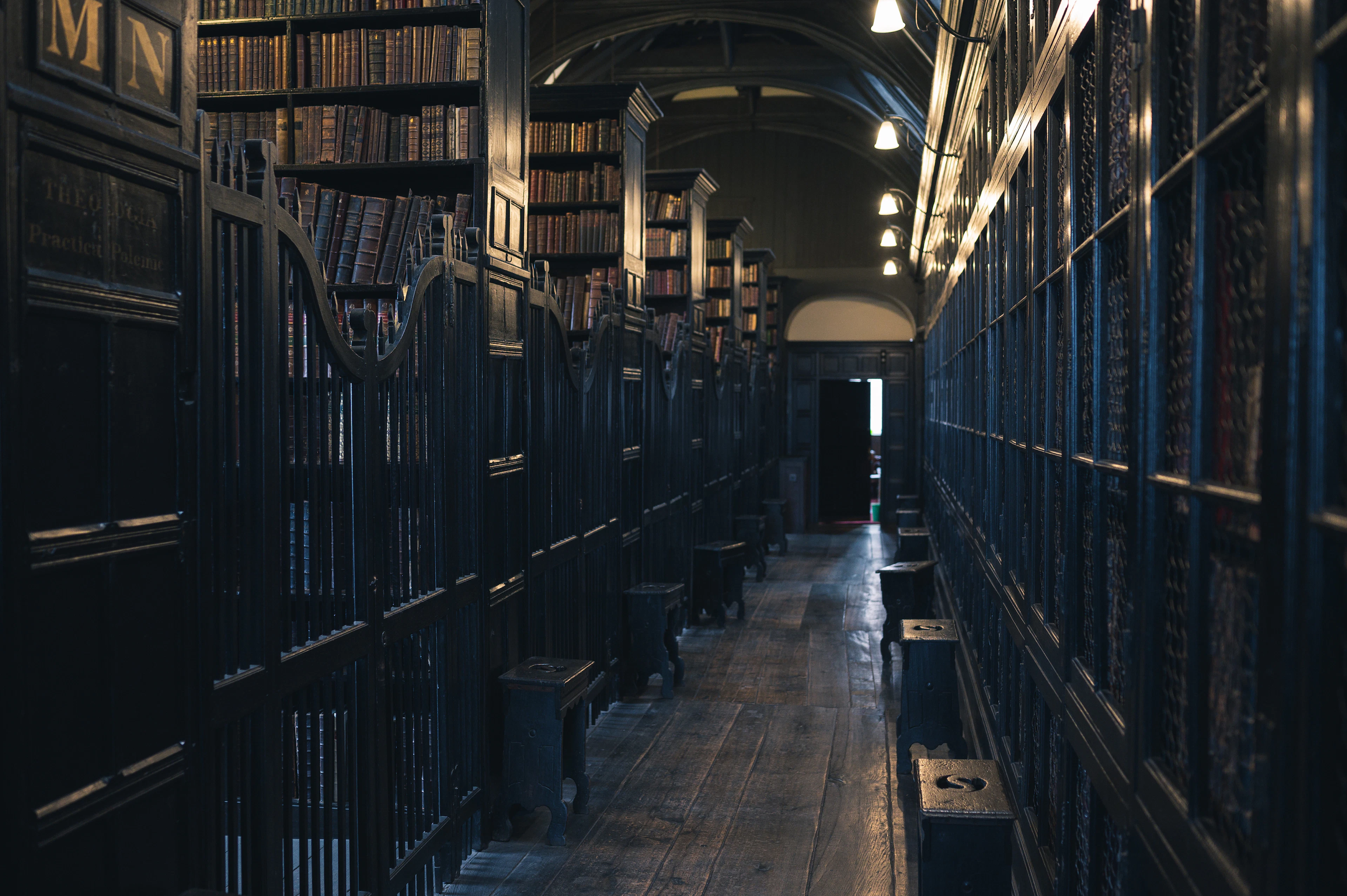 Long dim library corridor lined with tall dark wood bookshelves