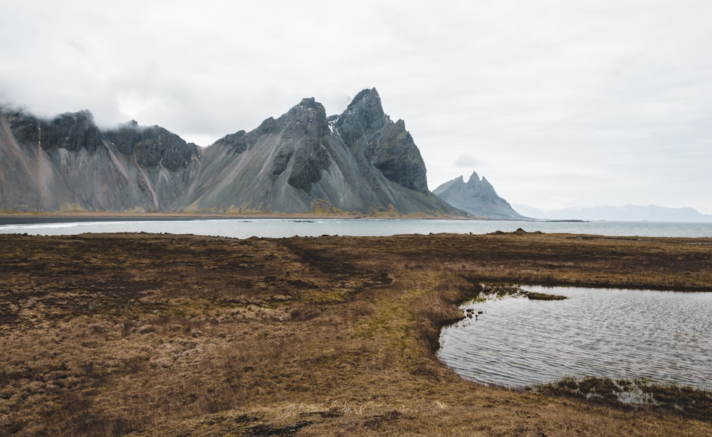 a body of water surrounded by mountains and grass