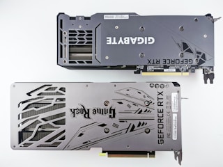 a close up of a graphics card on a white surface