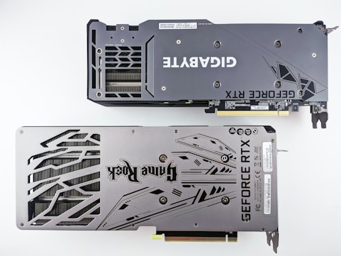 a close up of a graphics card on a white surface