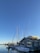 A calm marina with several sailboats docked near a gray wooden building, likely a sailing center. The masts of the boats extend into a clear blue sky, and the water is still, reflecting the boats and docks.