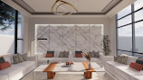 A modern and elegant living room with large windows allowing plenty of natural light. The room features a geometric patterned accent wall made of marble, complemented by a circular ceiling light fixture. There is a set of white sofas with patterned and solid-colored cushions arranged around a central marble and wood coffee table. A floor lamp and a potted plant add to the room's decor.