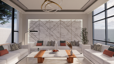 A modern and elegant living room with large windows allowing plenty of natural light. The room features a geometric patterned accent wall made of marble, complemented by a circular ceiling light fixture. There is a set of white sofas with patterned and solid-colored cushions arranged around a central marble and wood coffee table. A floor lamp and a potted plant add to the room's decor.