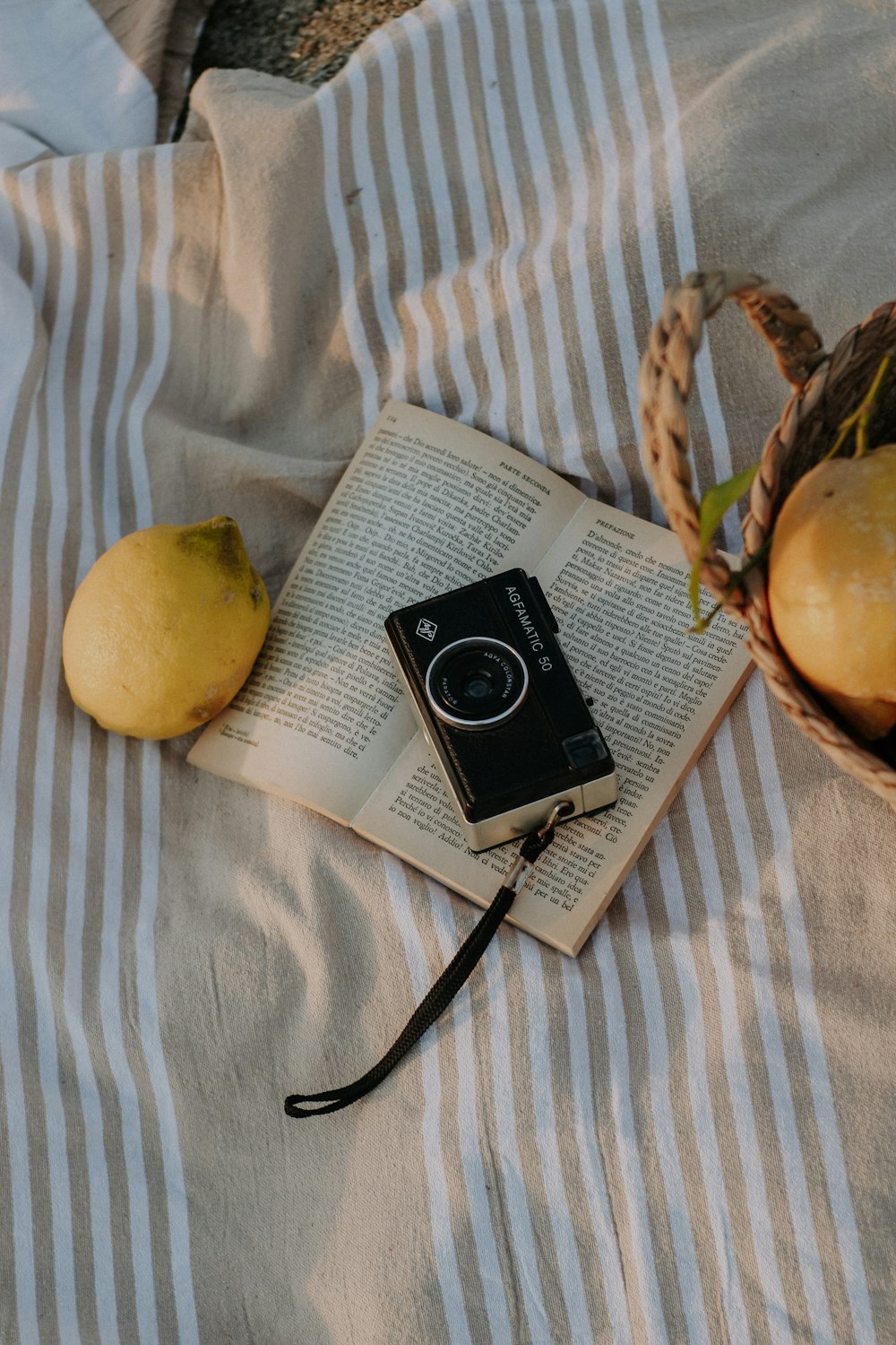 a book and a lemon on a bed