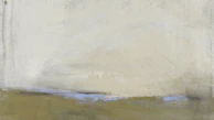 A minimalist landscape painting with soft gradients of gray and beige, evoking calm.