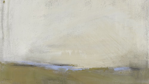 A minimalist landscape painting featuring a broad, light-colored sky with hints of texture and swirling patterns. Below, subtle bands of muted green and blue suggest a distant horizon and land or water. The overall composition is abstract and open to interpretation.