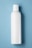 A plain white plastic bottle with a cylindrical shape and a cap on top, positioned vertically against a light blue background.