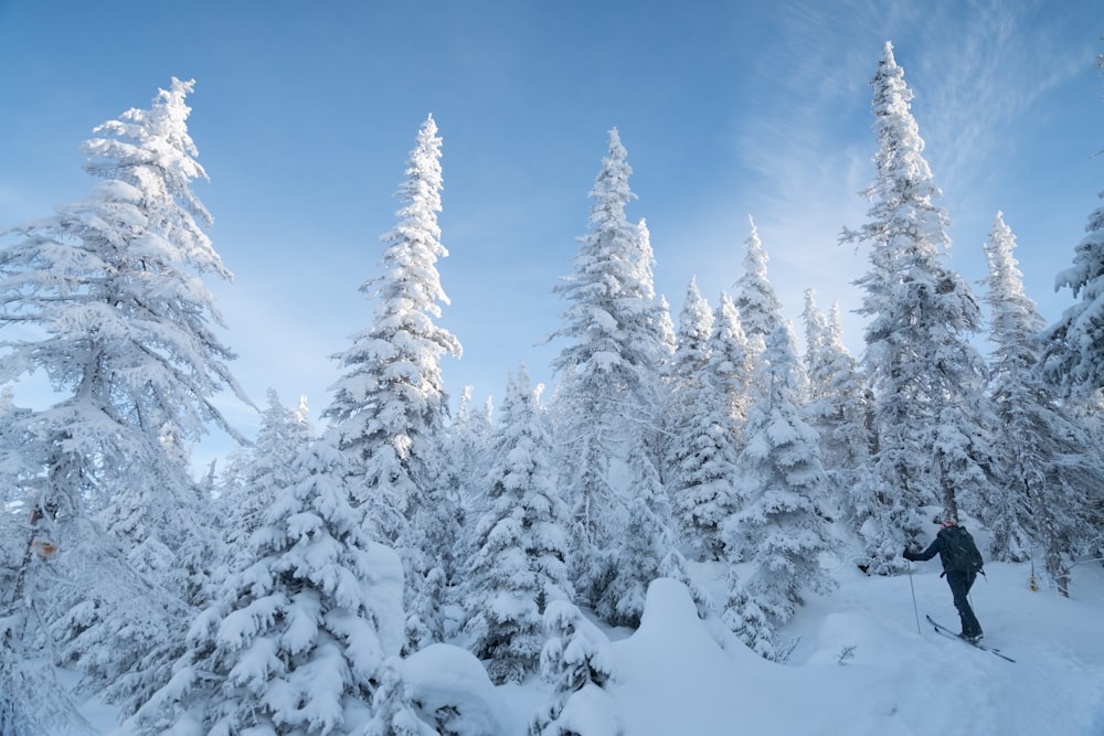 a man riding skis down a snow covered slope