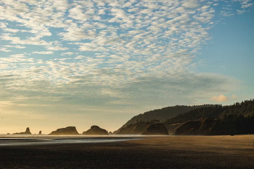 a view of a beach with a mountain in the background