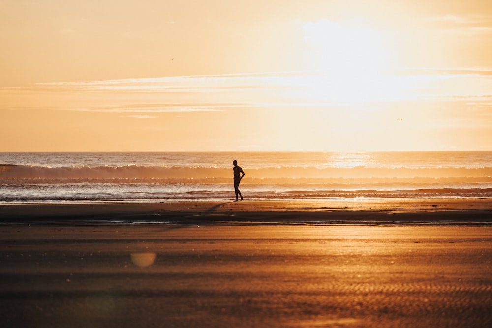 a person standing on a beach near the ocean