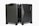 Two sleek, black hard-shell suitcases positioned side by side on four wheels each, showcasing modern design and durability with a smooth matte finish.