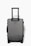 A sleek, modern black suitcase with four wheels and a retractable handle is positioned against a plain white background. The suitcase has a minimalist design with a logo on the front.