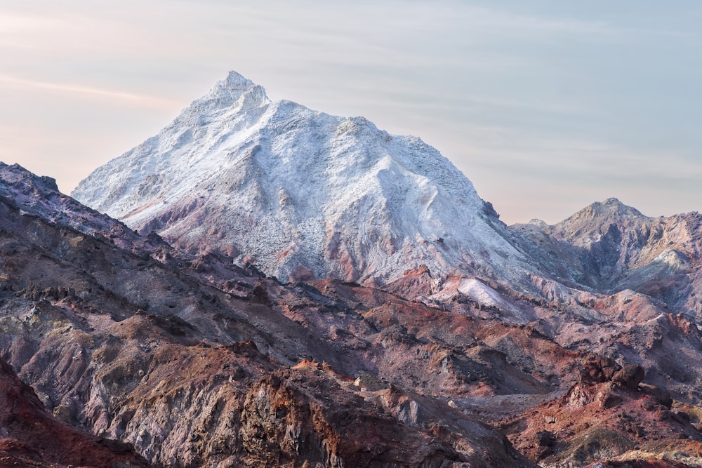 a snow covered mountain range in the mountains