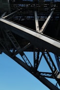 A close-up view of the understructure of a large metal bridge, showcasing intricate girders and beams. The geometric patterns formed by the intersecting steel elements create a sense of industrial strength and complexity. The sky in the background is clear and blue, providing contrast to the metallic texture.
