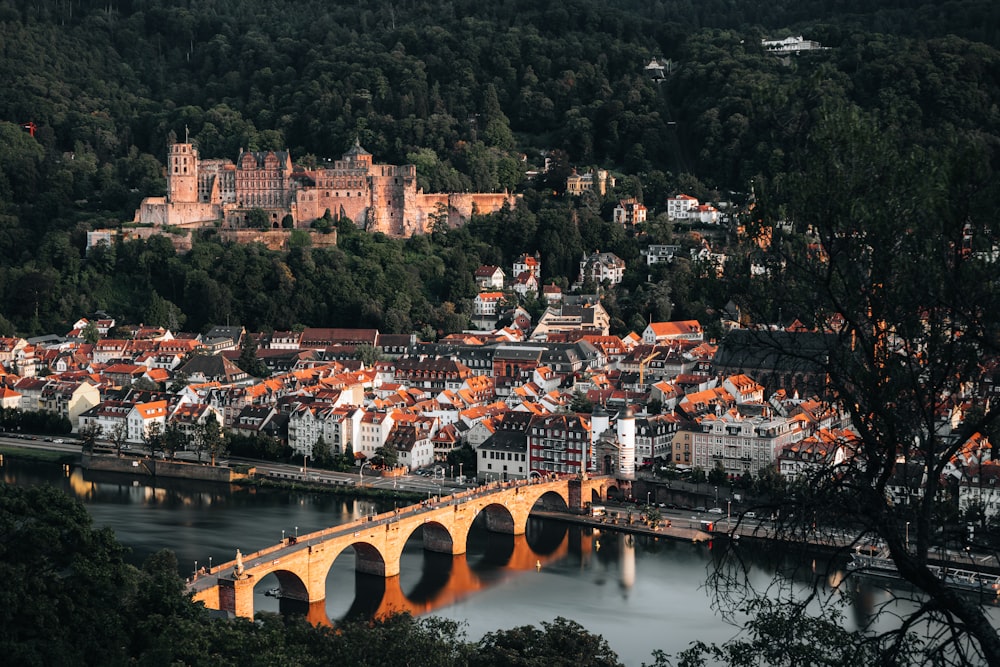 a bridge crossing over a river with a city in the background