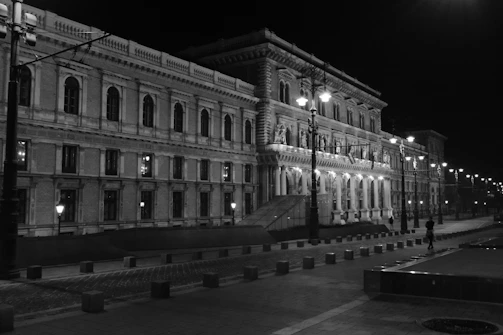 Historic architecture of Hannover illuminated warmly at dusk.
